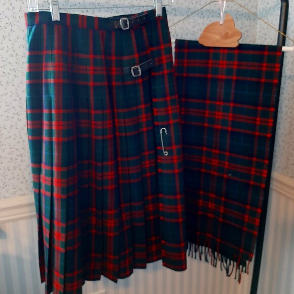 LL Bean Tartan Wrap Plaid Skirt with Matching Scarf/Shawl - Picture 1 of 2